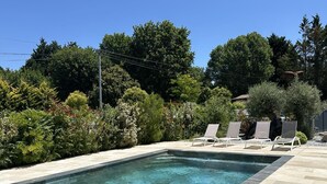 Una piscina rectangular con agua cristalina, rodeada por una solana de piedra y sillas de descanso.