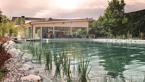 Ein modernes Gebäude mit Pool, umgeben von Felsen und Grünpflanzen.