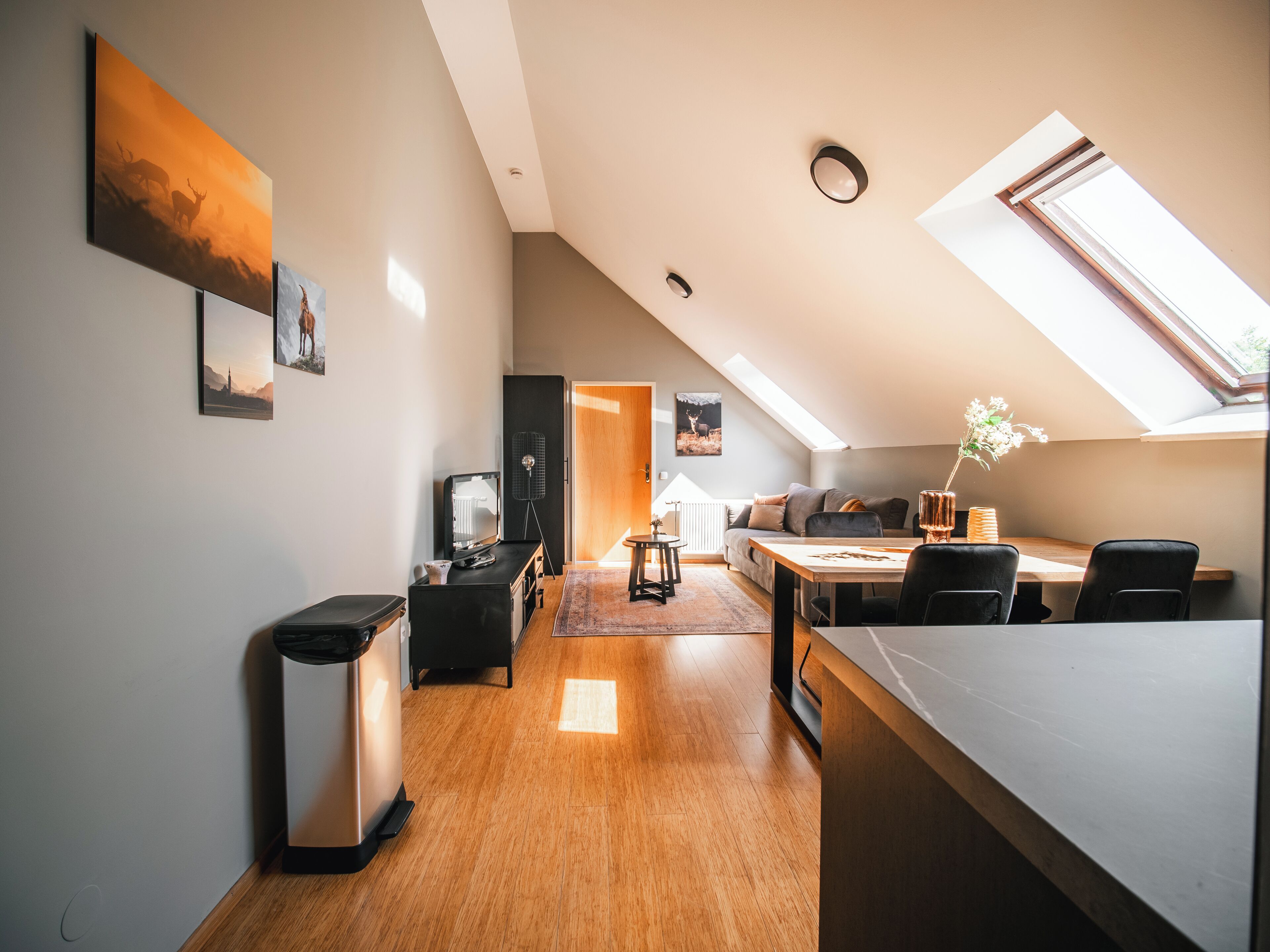 Un appartement moderne de style « loft », comprenant un coin repas, une cuisine et un espace salon confortable.