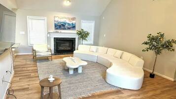 Smart TV, fireplace, DVD player, foosball