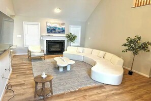 Smart TV, fireplace, DVD player, foosball