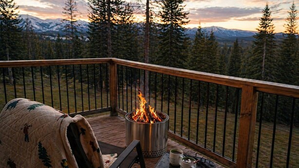 A deck with a metal fire pit, a table with mugs, and a chair with a blanket. - Log Cabin: Hot Tub, Sauna, Wet Bar & Mtn Views (Missoula County)