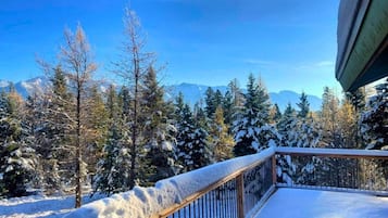 Un pontile innevato con ringhiera, affacciato su una foresta e montagne.