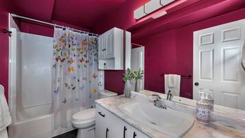 Hair dryer, towels, soap, toilet paper