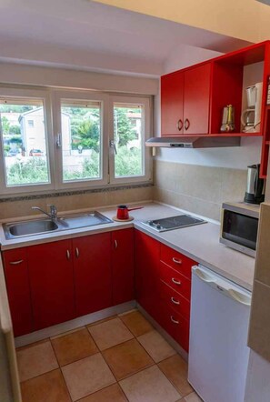 Fridge, microwave, stovetop, coffee/tea maker