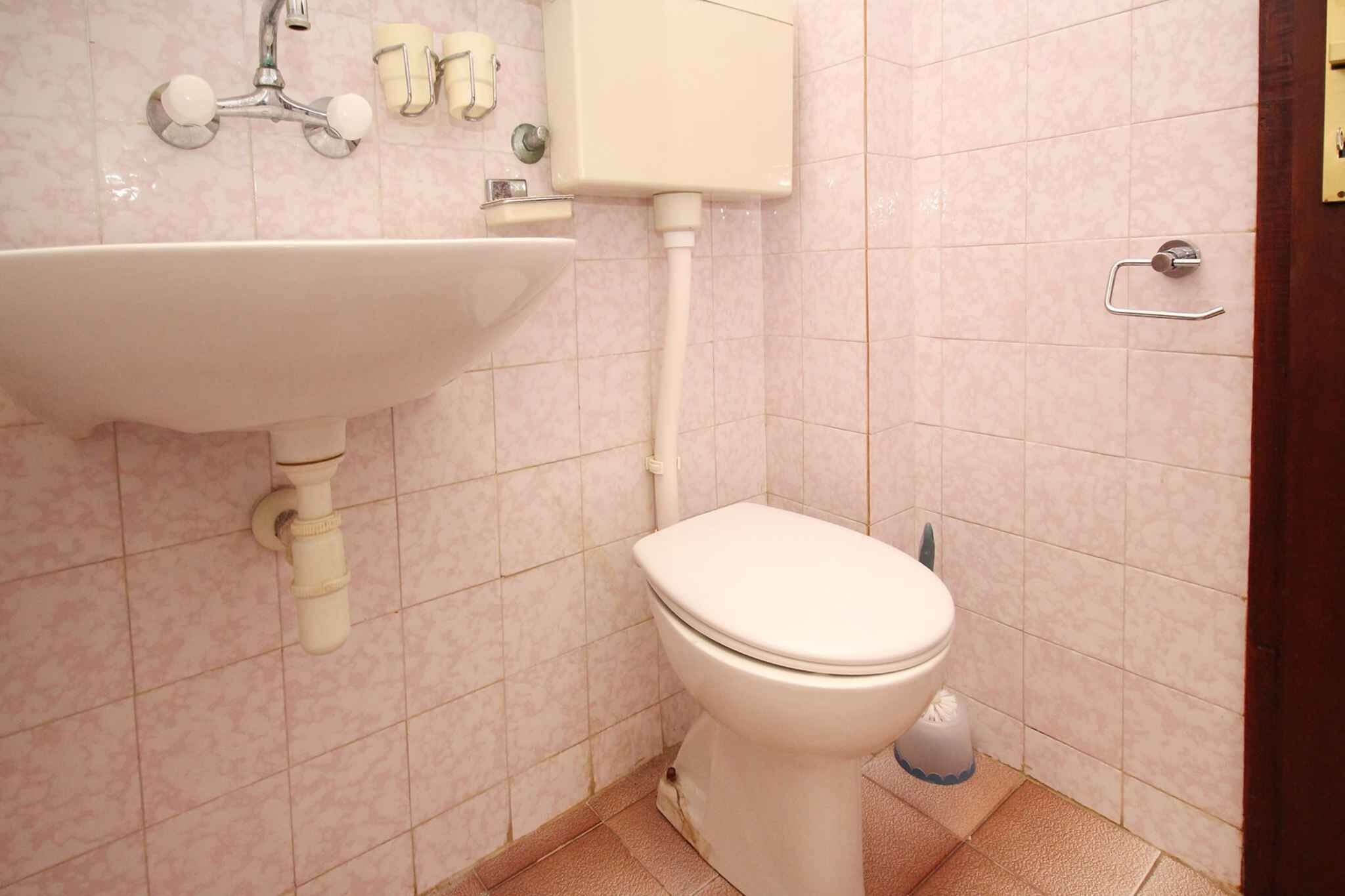 Un baño con lavamanos blanco, inodoro y dispensador de papel higiénico adherido a la pared.