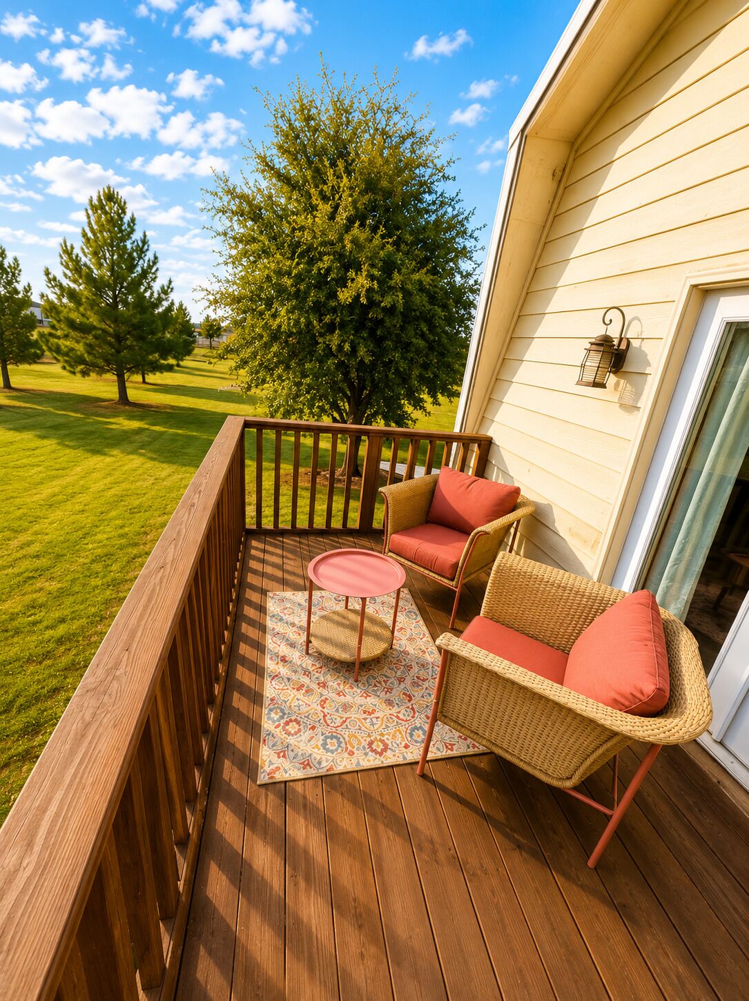 A wooden deck with wicker furniture and a patterned rug.