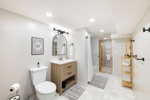 Hair dryer, towels, soap, shampoo