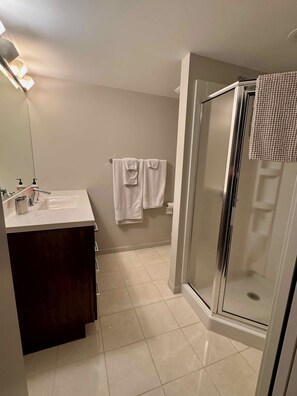 Shower, bidet, towels, soap