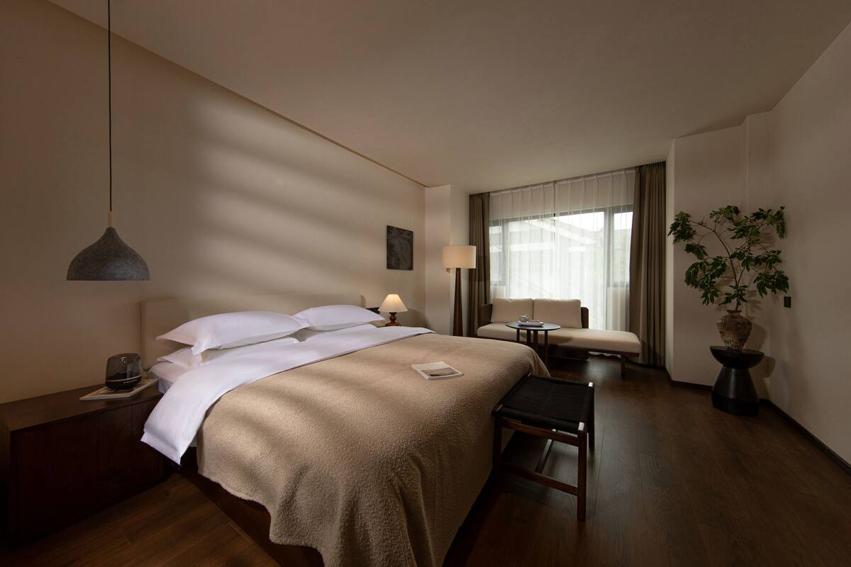 Una habitación de hotel con cama, mesita de noche, lámpara, silla y una planta en maceta.