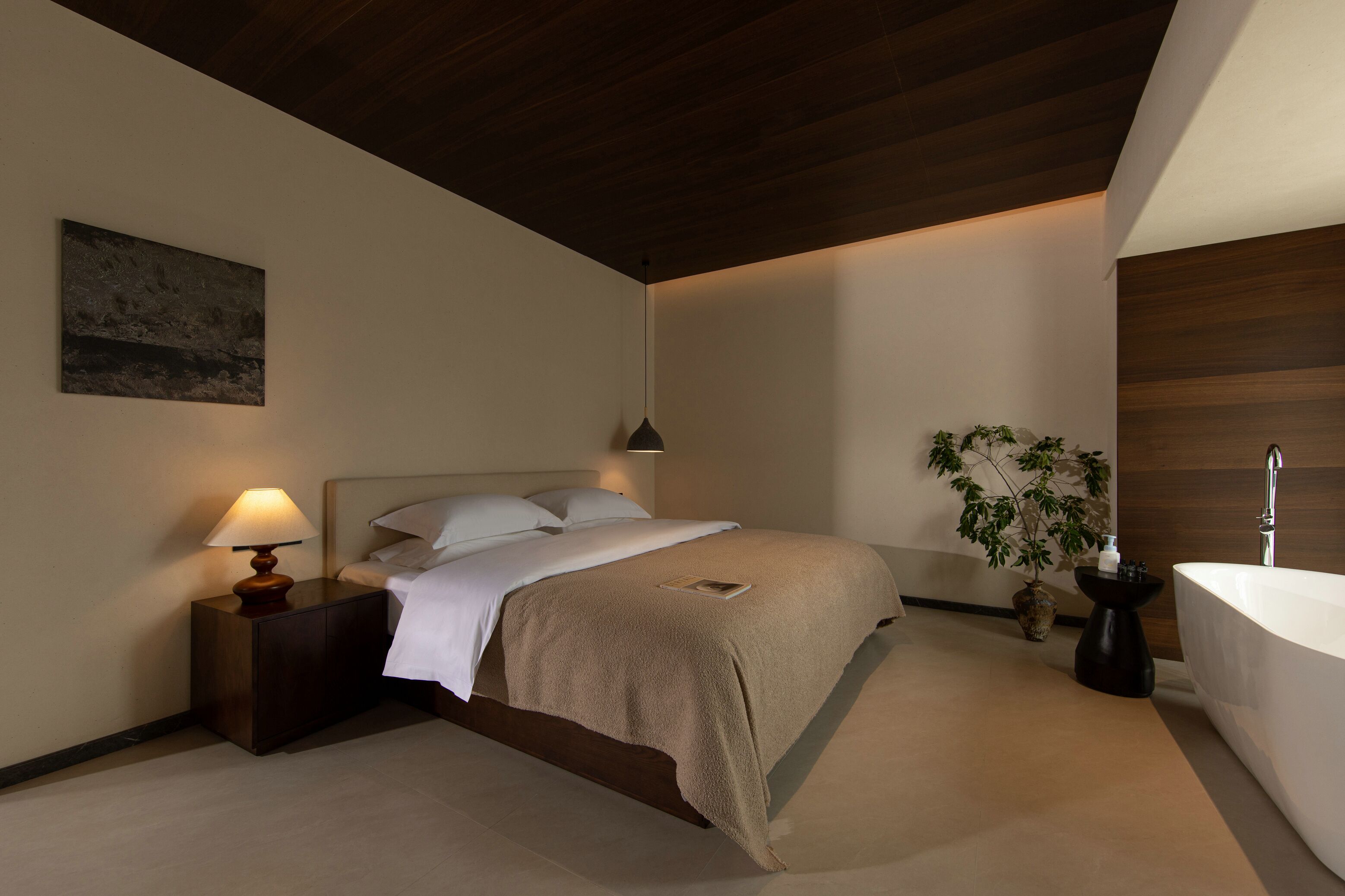 Une chambre moderne avec un grand lit, une lampe de chevet et une plante en pot.