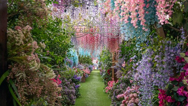 Un sendero de jardín bordeado de diversas flores y plantas, que conduce a una zona central con un letrero que dice 'SECRET GARDEN'.