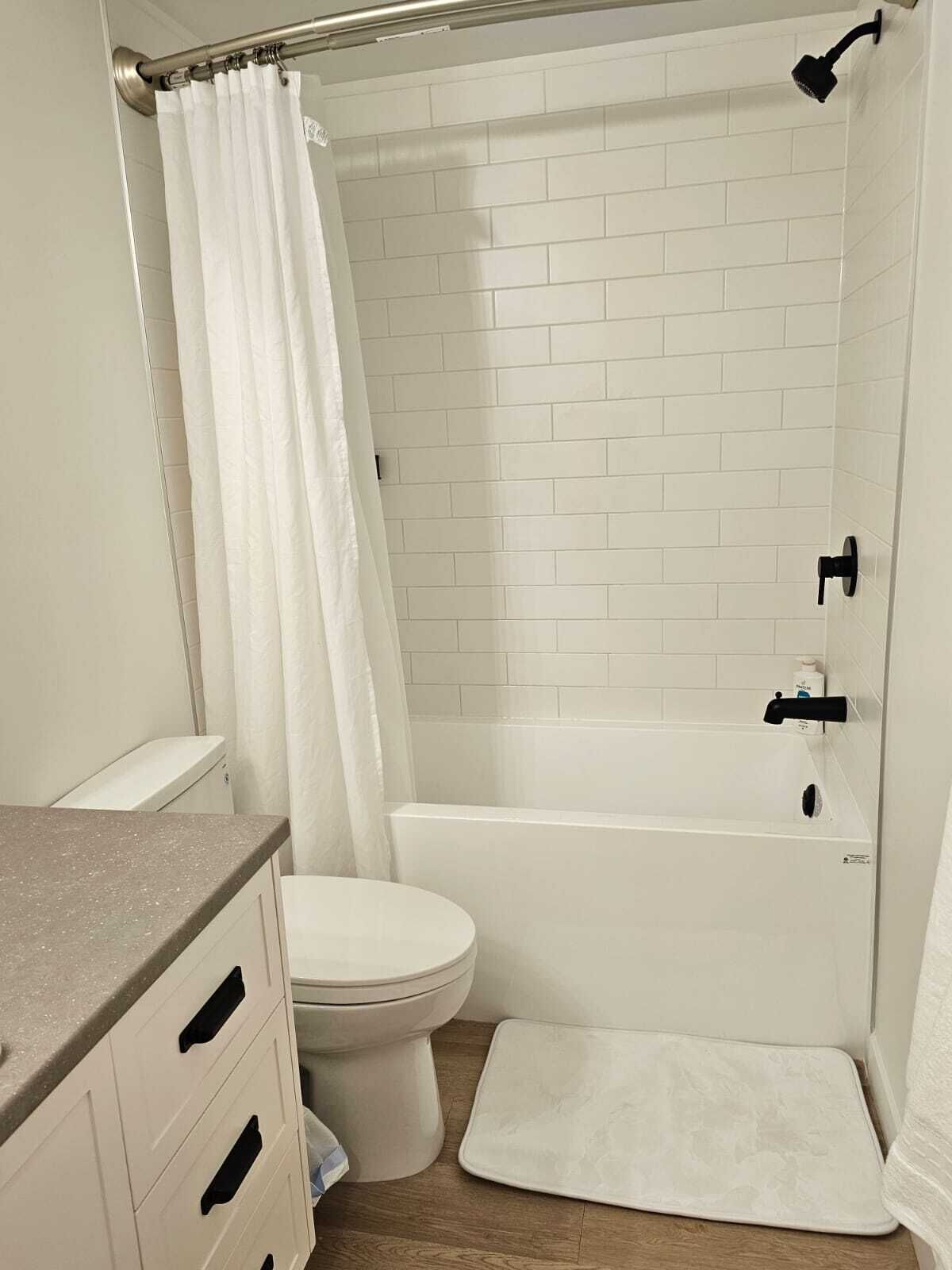 Hair dryer, towels, soap, toilet paper