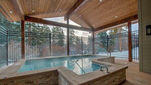 Wellnessbereich mit Stein-Hottub, Holzbalkendecke und Blick auf einen eingezäunten Außenbereich.