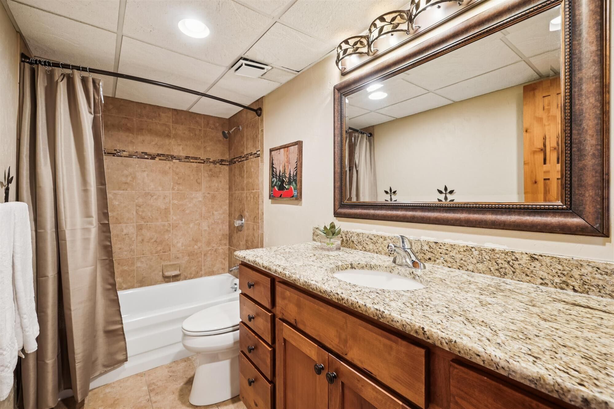 A bathroom with a shower, toilet, vanity with a sink, and a large mirror.