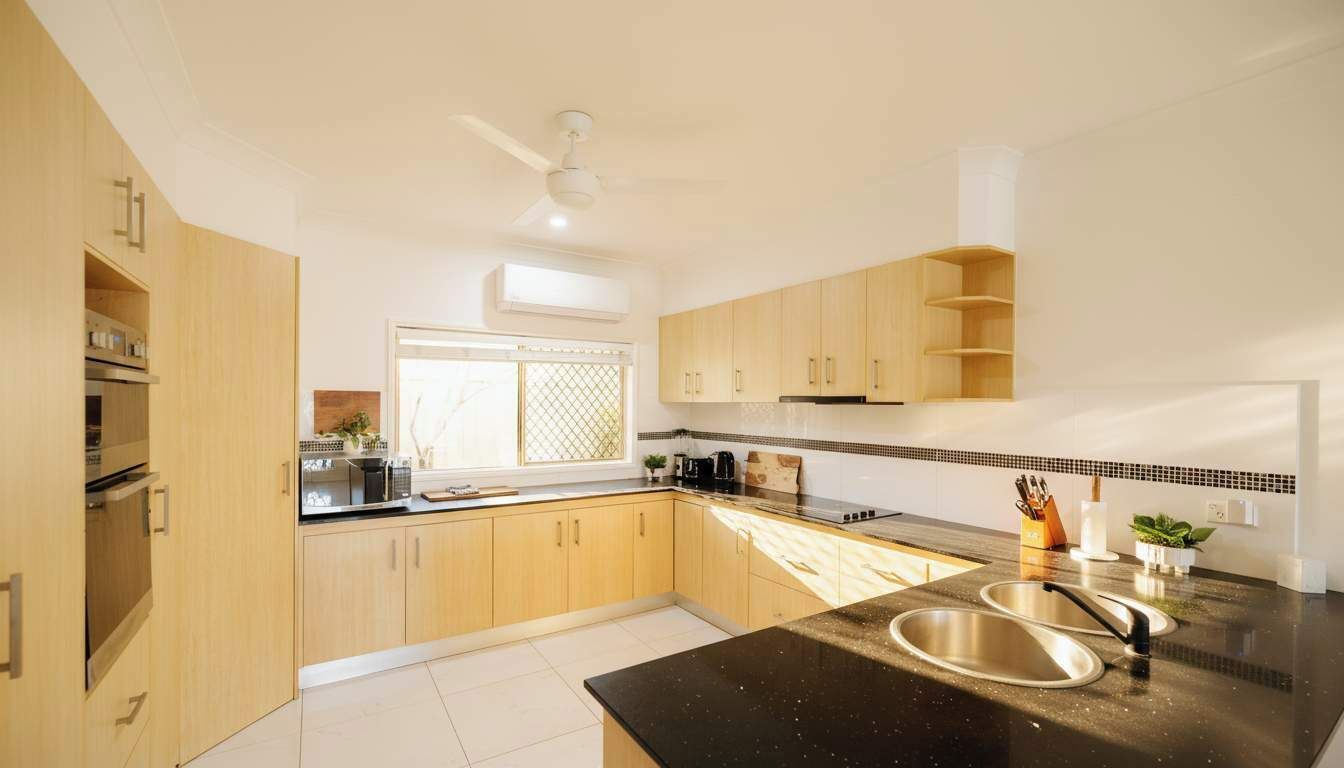 A modern kitchen with wooden cabinets, a black countertop, stainless steel sink, and a ceiling fan.
