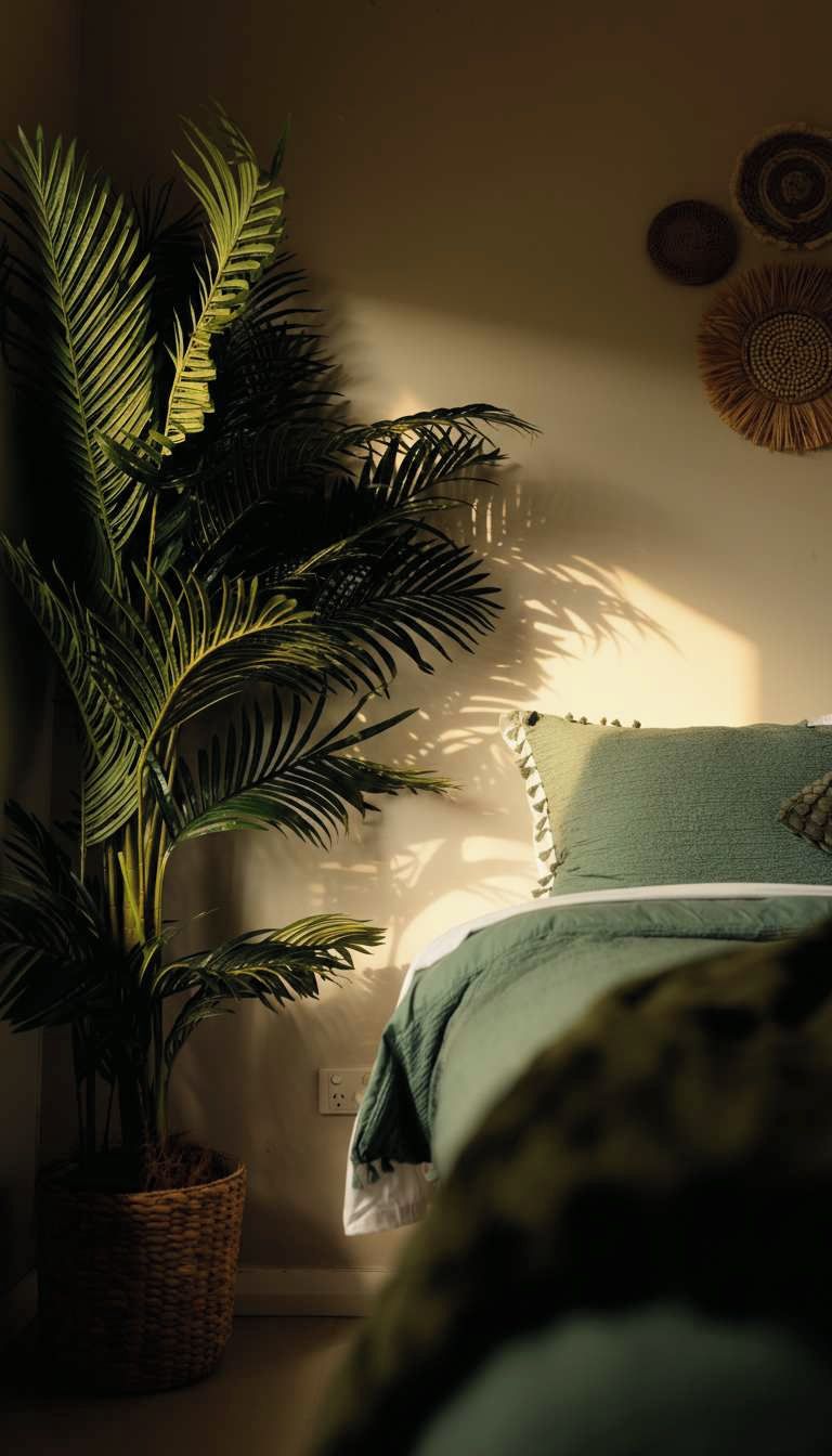 Una habitación con una planta grande en maceta, una cama con ropa de cama verde y una pared decorada con objetos.