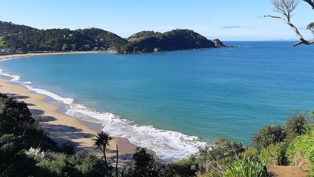 A coastal landscape with a sandy beach, clear blue waters, and green hills in the background. - Te Puawaitanga Beach House - The Blossoming of Something New. (Tutukaka)