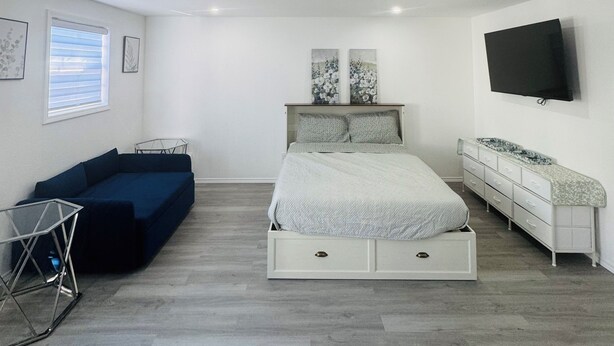 A bedroom with a bed, a TV, a sofa, and a dresser.