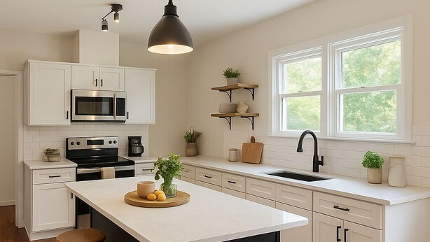 Een moderne keuken met witte kasten, een centraal eiland, houten krukken en een zwarte hanglamp.