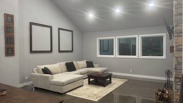 Smart TV, fireplace, books, computer monitors