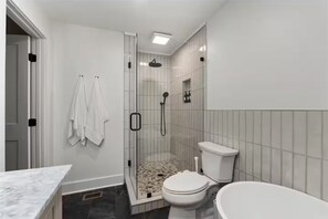 Hair dryer, bidet, towels, soap