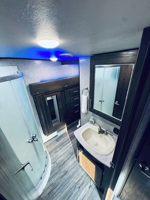 Shower, towels, toilet paper
