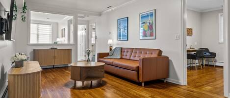 TV, fireplace, books