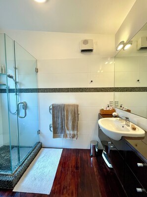 A bathroom with a glass shower enclosure, a sink with a mirror, and a towel rack. - Beautiful Titirangi Bush & Sea View Santuary with large entertainers deck. (Titirangi)