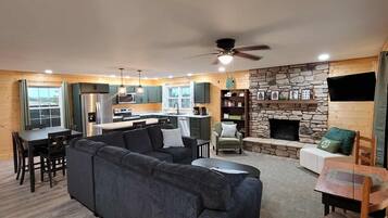 Smart TV, fireplace, table tennis, books