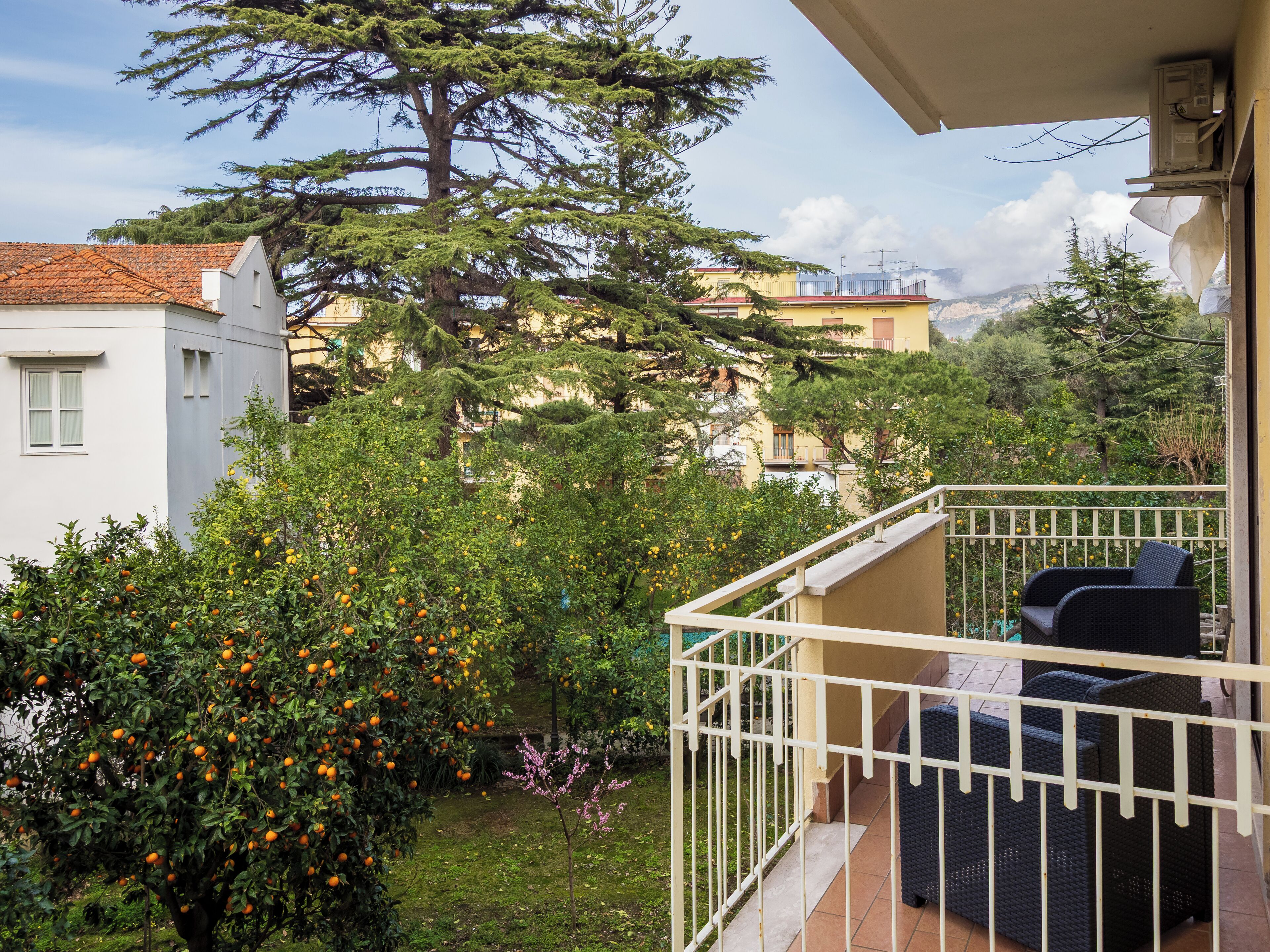 Un balcon avec des meubles d’extérieur, un arbre aux fruits oranges et une vue sur des bâtiments en arrière-plan.