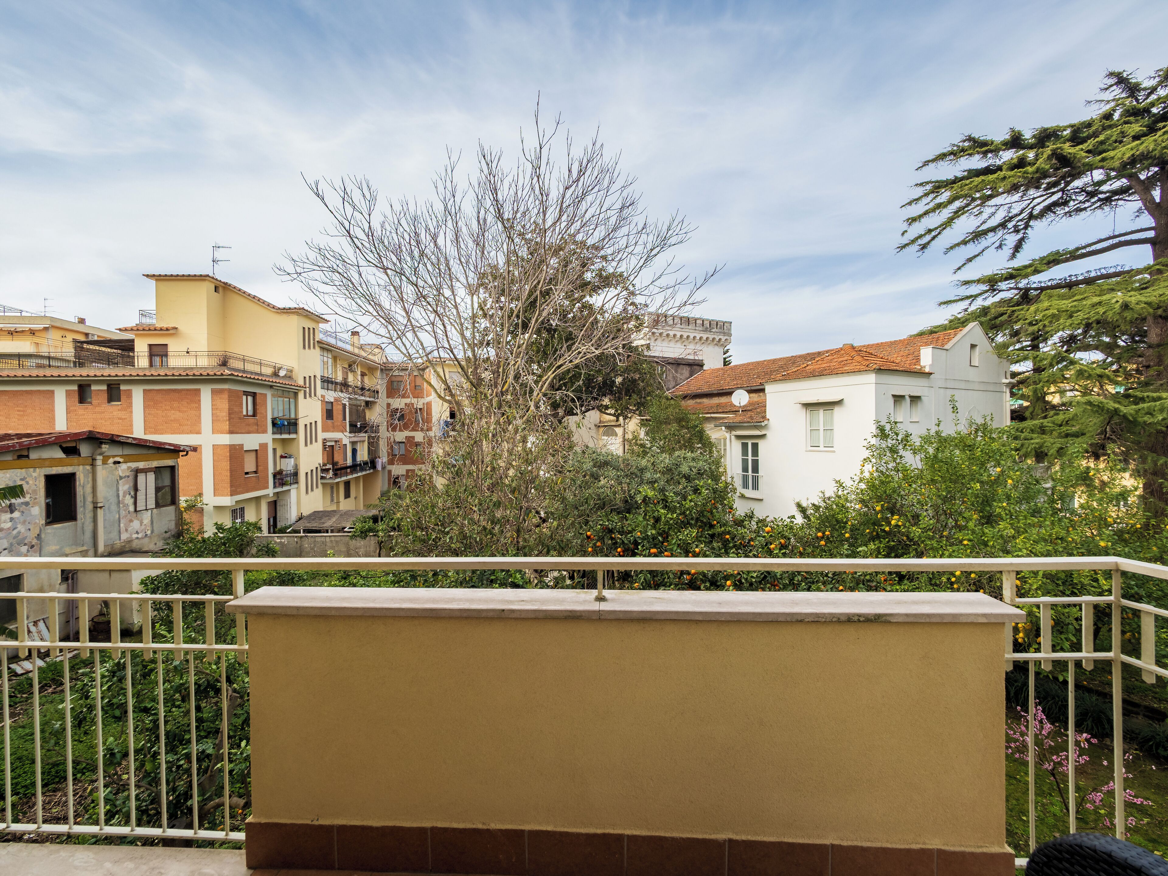 Un quartier résidentiel avec des immeubles à plusieurs étages, un balcon doté d’une balustrade et un arbre au premier plan.