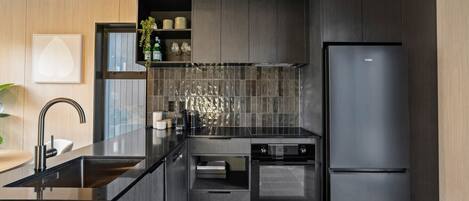 Fridge, microwave, oven, stovetop