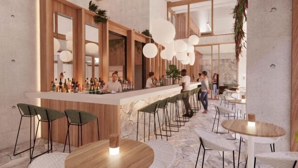A modern bar area with wooden accents, bar stools, and hanging spherical light fixtures. - Lyf Bondi Junction Sydney (Bondi Junction)