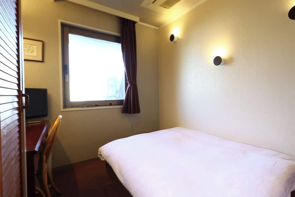 Habitación de hotel con una cama individual, una ventana con cortinas, un escritorio con una silla y una lámpara fijada a la pared.