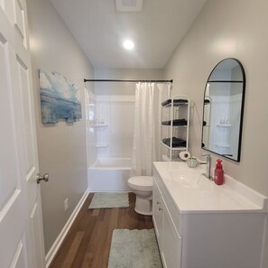 Hair dryer, towels, soap, toilet paper