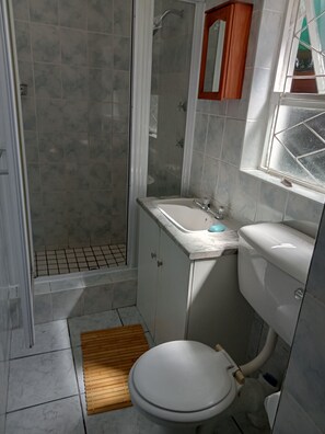 Dusche, Haartrockner, Handtücher, Seife