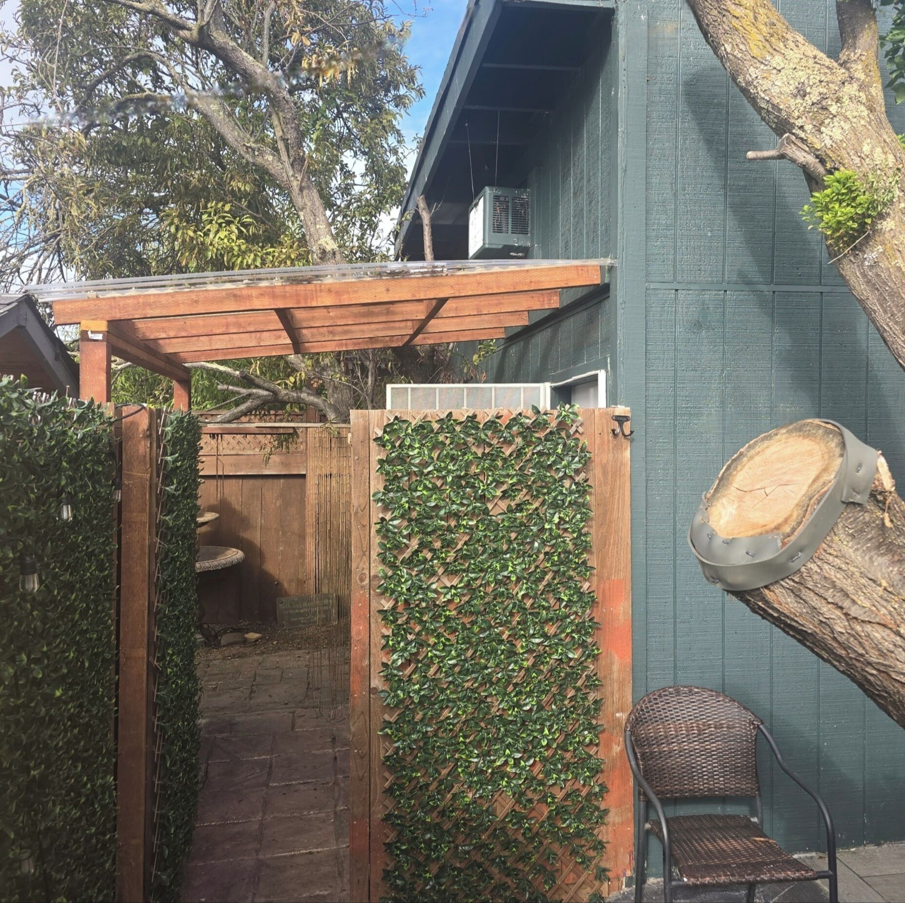 A wooden pergola with a lattice wall covered in green foliage, a wicker chair, and a wooden bench.