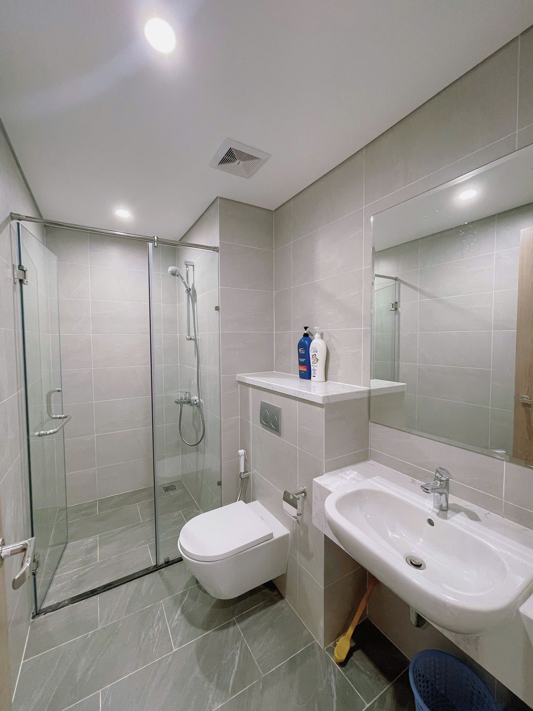 A modern bathroom with a glass-enclosed shower, a white toilet, a sink, and a mirror.
