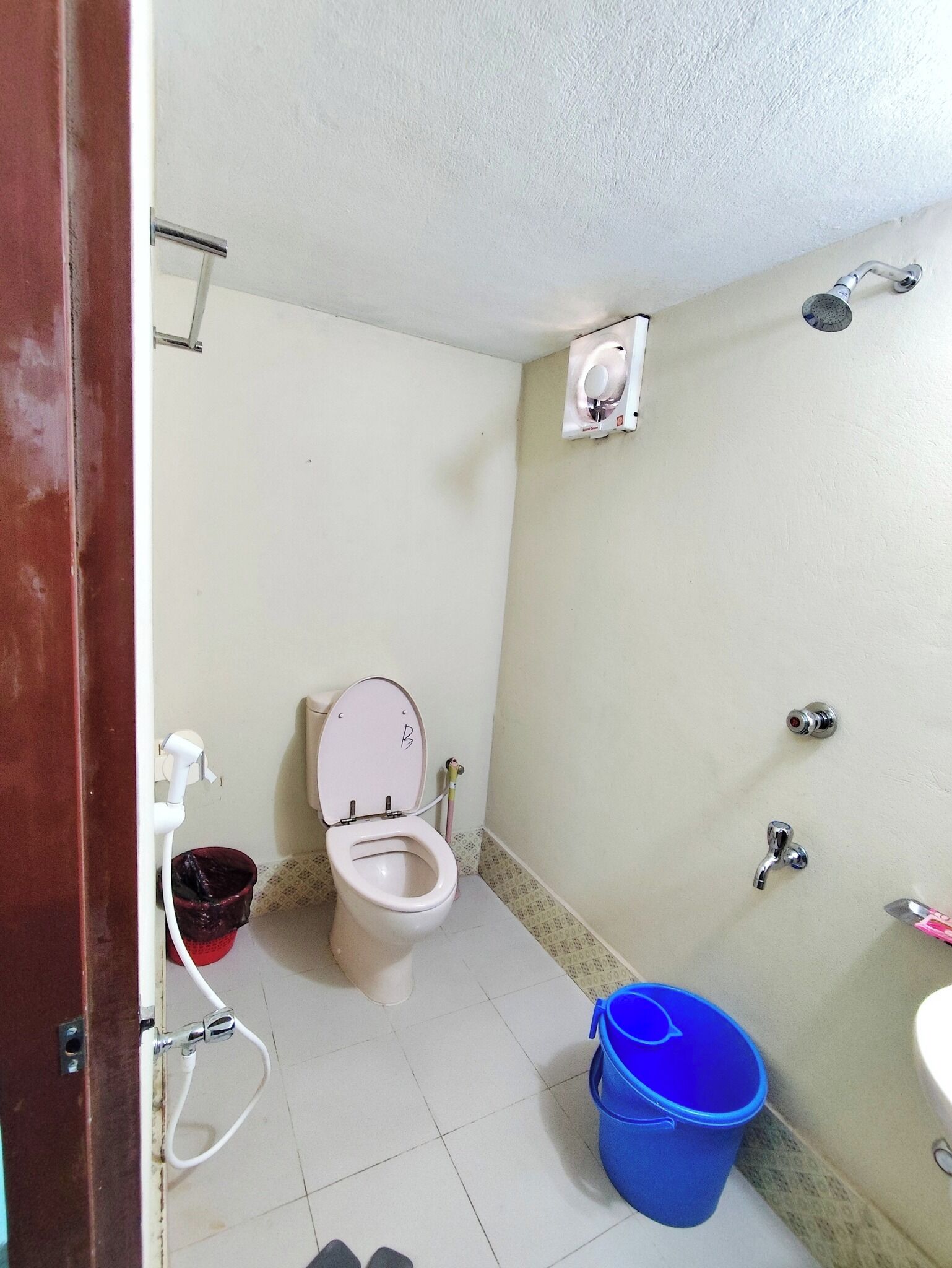 Un baño pequeño con un inodoro, un cabezal de ducha, un cubo azul y un cubo rojo.