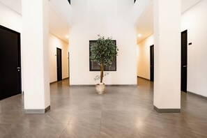Un pasillo con planta en maceta, puertas y un cuadro en la pared.