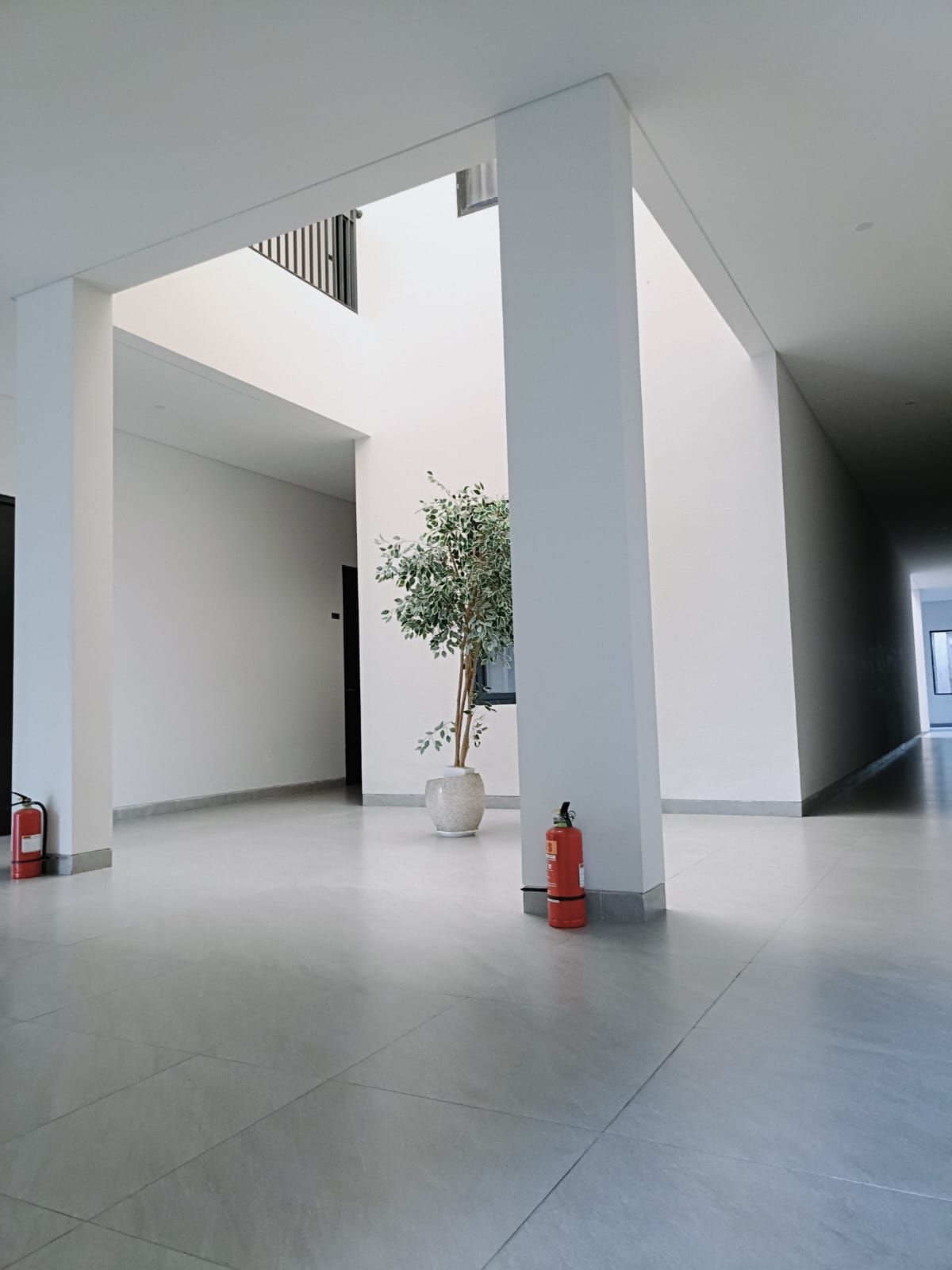 Un vaste espace intérieur agrémenté d’une grande colonne, d’une plante en pot et d’un extincteur.
