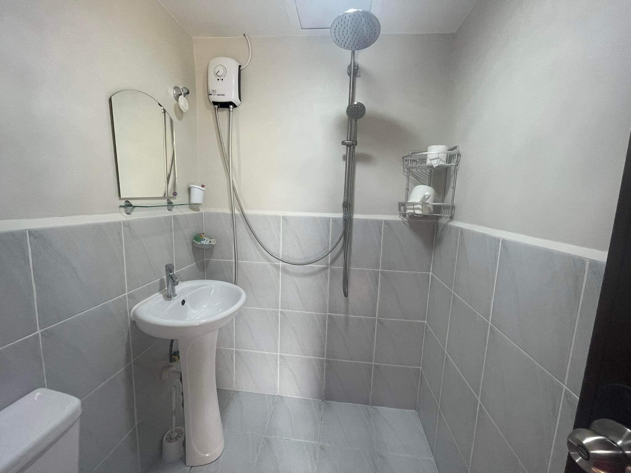 Shower, bidet, soap, toilet paper