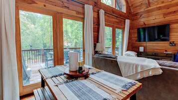 Smart TV, fireplace, books