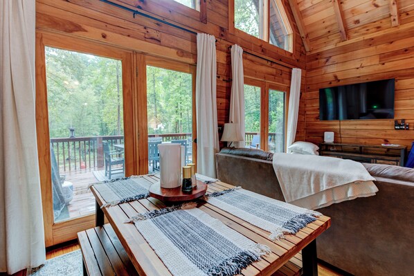 Smart TV, chimenea y libros