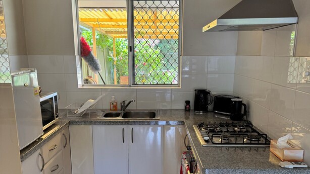 A modern kitchen with white cabinets, a stainless steel sink, a gas stove, and a window with a view of greenery.