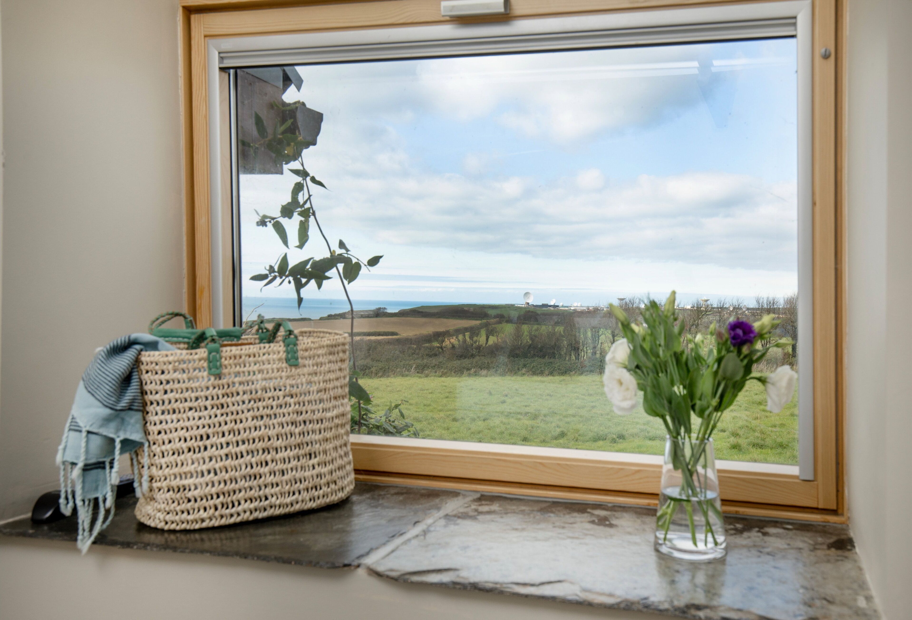 A window with a view of a green landscape and a clear sky.