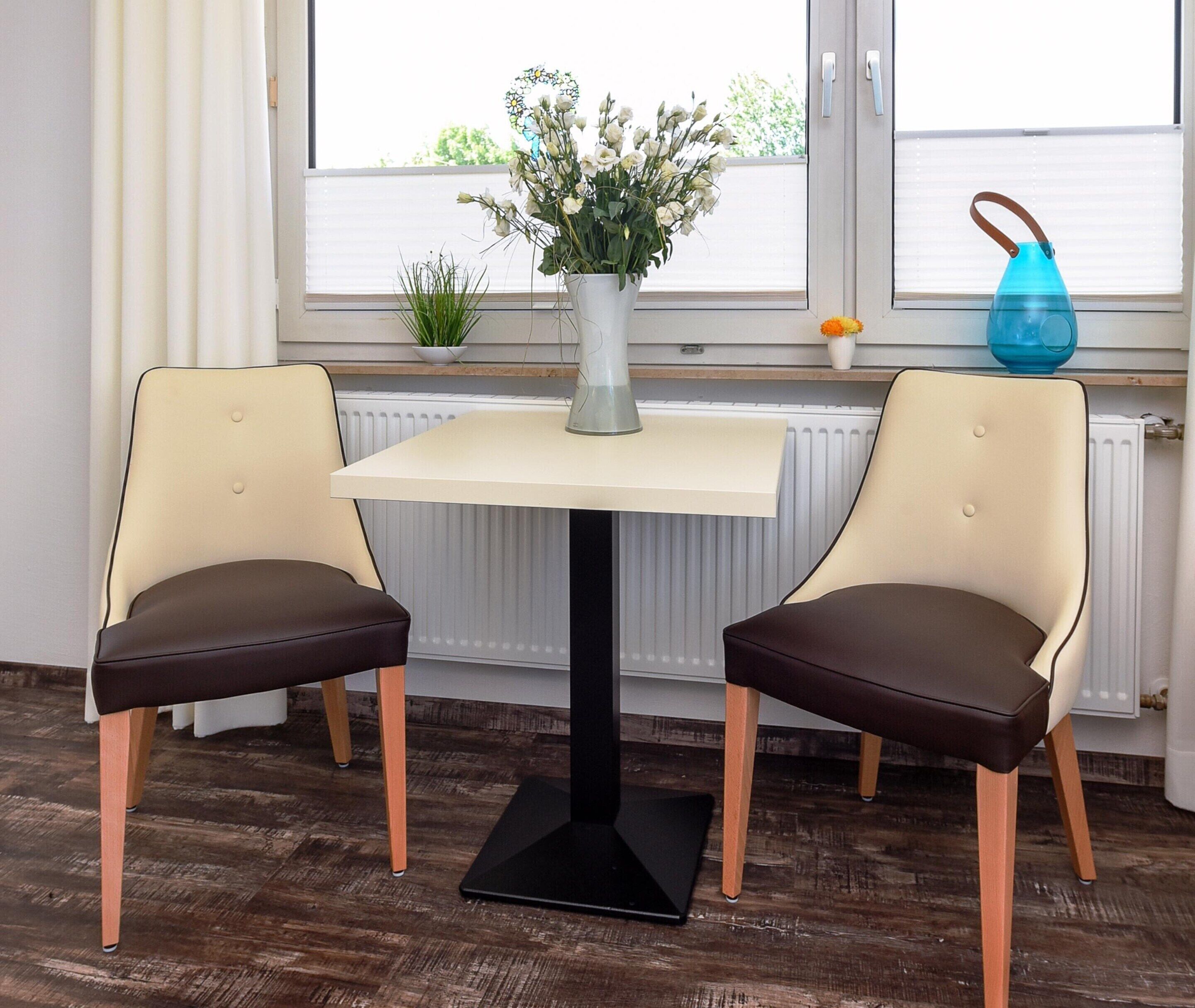 A room with a table and two chairs, a window with blinds, a radiator, and a small plant on the windowsill.