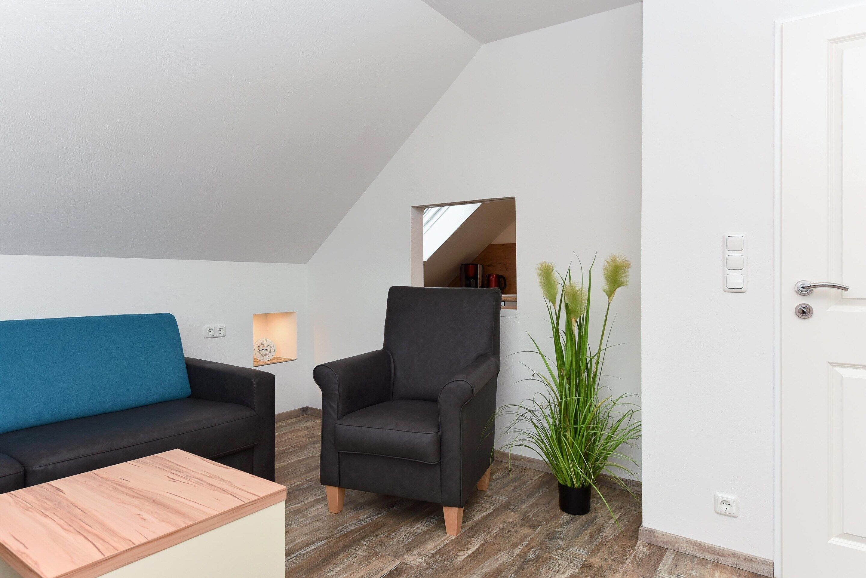 Una sala de estar moderna con un sofá azul, un sillón negro y una mesa de centro de madera. Hay una planta en maceta y una puerta blanca en la habitación.