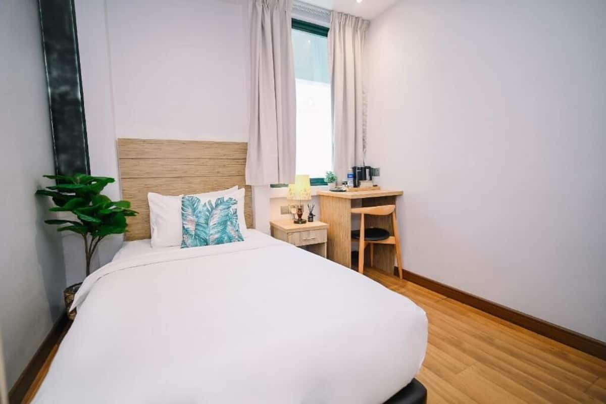 Una habitación de hotel con una cama grande, un escritorio, una silla y una planta en maceta.